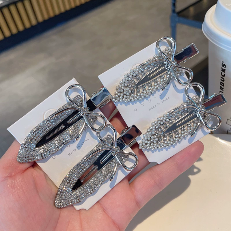 Metal bangs with bow from pearl, hairgrip, hairpins, hair accessory