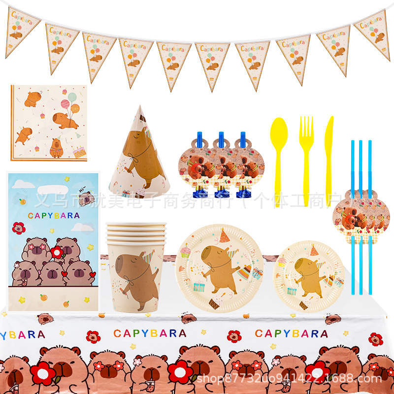 Cross-Border Birthday Party New Capibala Theme Paper Plate Tissue Flag Set Ready for Sale