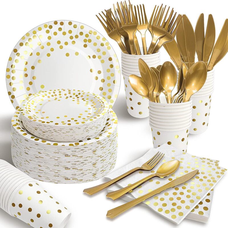 Disposable dinner plates, paper plates, paper towels, birthday party, round polka dot gold foil party tableware set, set of 5