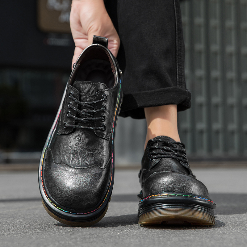 Men's Leather Loafers With Round Toe British Style Thick Sole Shoes_voghion.com