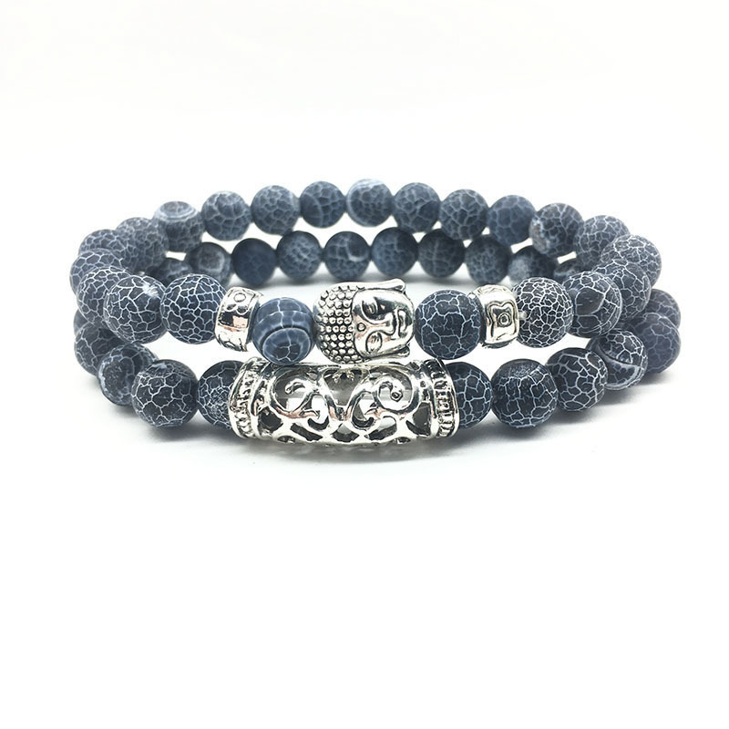 AliExpress popular European and American Foreign trade jewelry Buddha head black weathering agate volcanic stone round bead bracelet suit AliExpress popular European and American Foreign trade jewelry Buddha head black weathering agate volcanic stone round bead bracelet suit