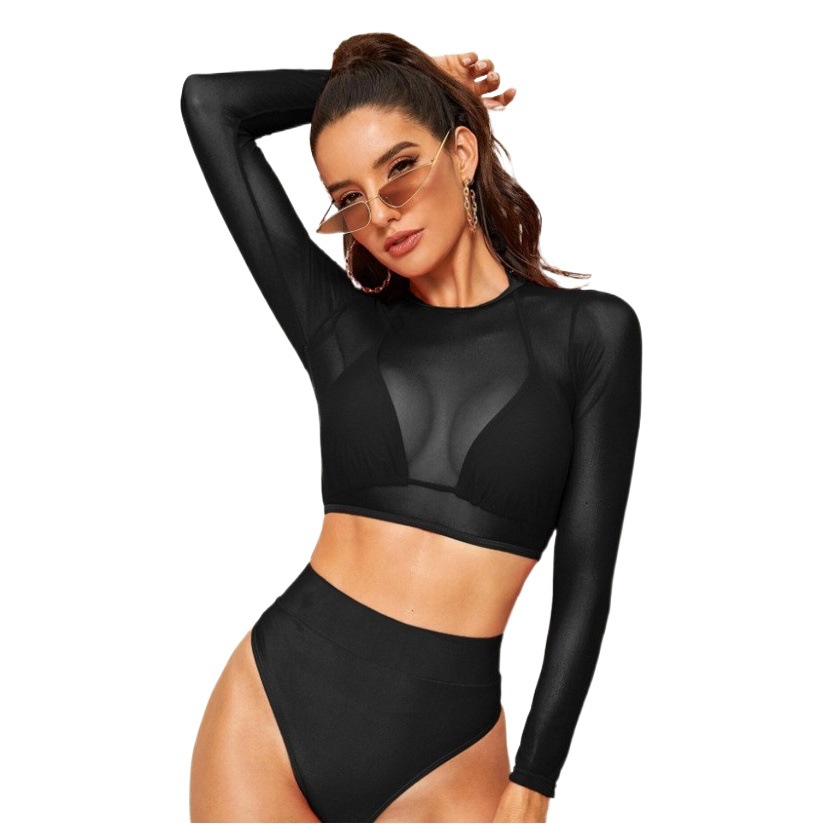 2022 New European and American Style Sexy Three-Piece Split Swimsuit Mesh Bikini Long-Sleeve Bijini Quick-Dry