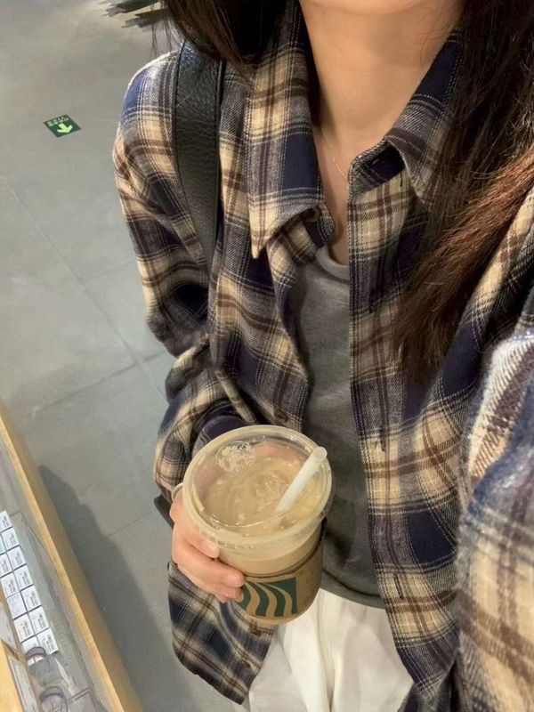 磨毛格子衬衫女秋季新款百搭松弛韩版宽松慵懒风复古格子衬衫外套|undefined