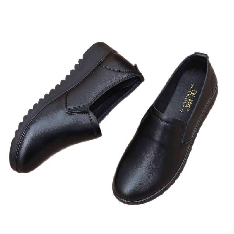 Zapatos de trabajo de cuero suave de primavera y otoño negro, cómodo restaurante antideslizante con suela suave, zapatos de cuero de mediana edad para madres mayores