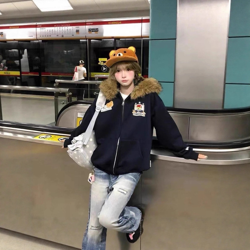 Bear Ears Fur Collar Cardigan Jacket for Women 2025 New Autumn and Winter Clothing New Versatile Fashion Casual Hooded Sweatshirt