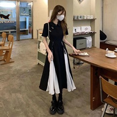 新しい中国式の改良チャイナドレスのワンピースの女性の夏の大きいサイズの優しい国風のお茶の休憩のデザイン感の赫本の小さい黒いスカートの女性
