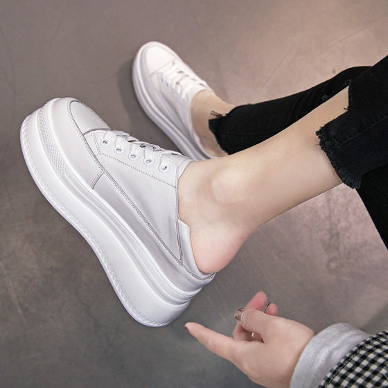 Spring New Elevated Leather White Shoes Women's Thick-soled Casual All-match White Shoes Covered Toe Half Slippers Internet Celebrity Sandals
