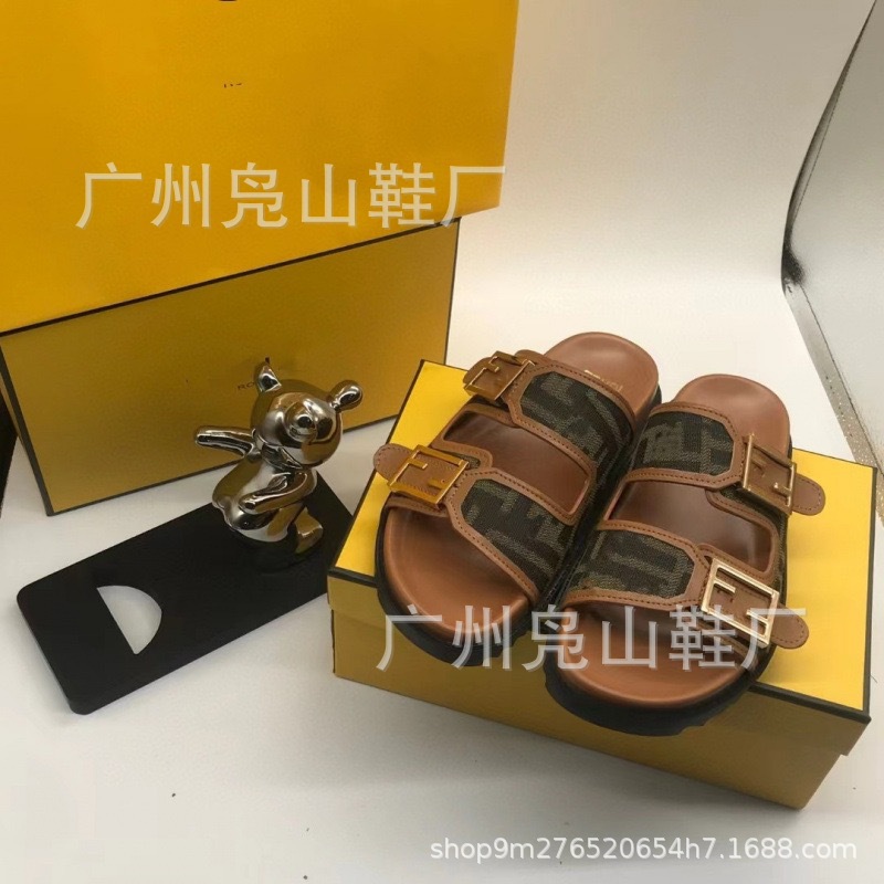 F Brand Double Buckle Thick-Soled Slippers 2025 High Version Summer Outer Wear Fashionable Color Matching One-Line Women's Sandals Genuine Leather Women's Shoes