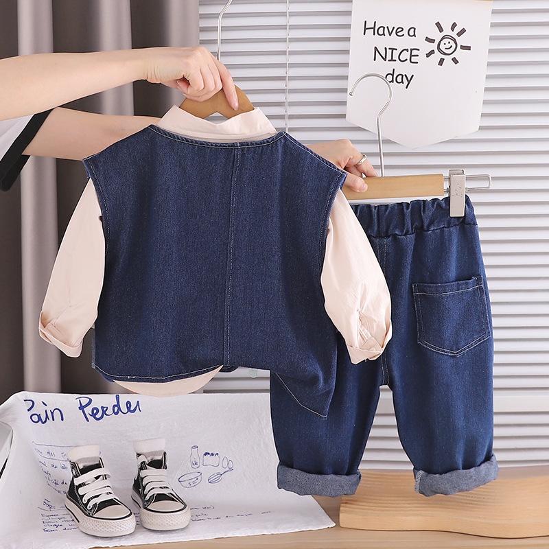 Boys Patchwork Denim Vest Clothing Set With Cartoon Duck Pattern_voghion.com