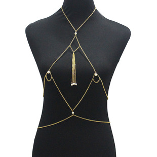 European and American Fashion Personality Geometric Pearl Pendant Tassel Chest Chain Women Summer Beach Bikini Body Chain Clothing