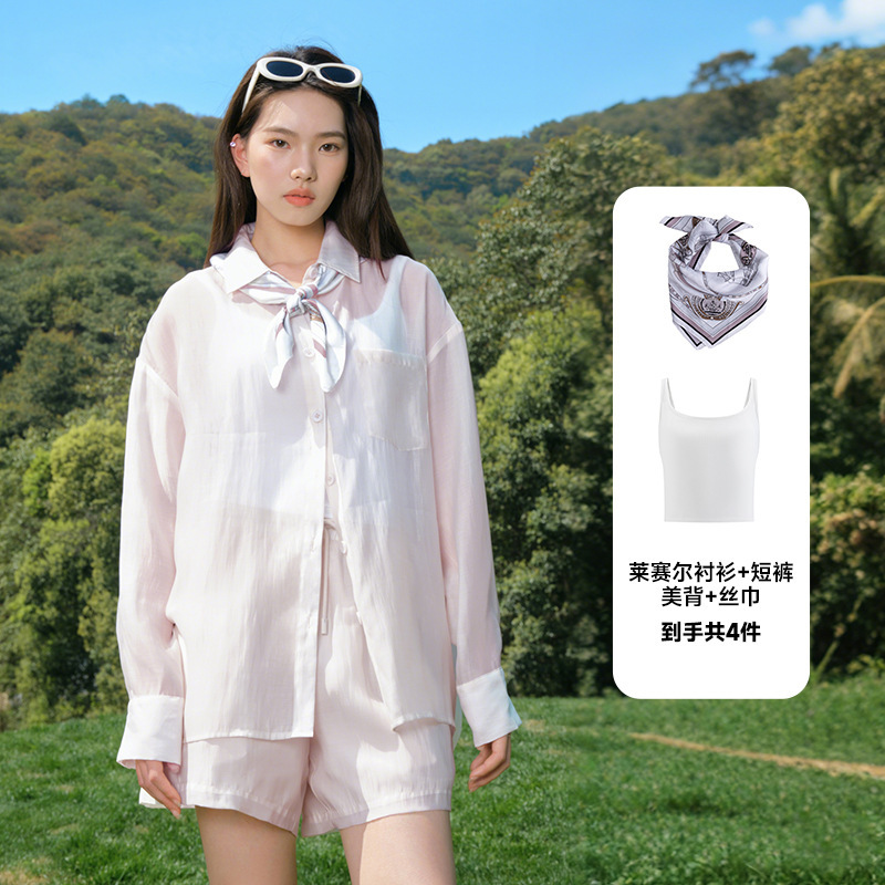 夏新作リヨセル軽量通気性速乾ソフトシャツショーツ美しい背中シルクスカーフ高級女性4点セット|undefined