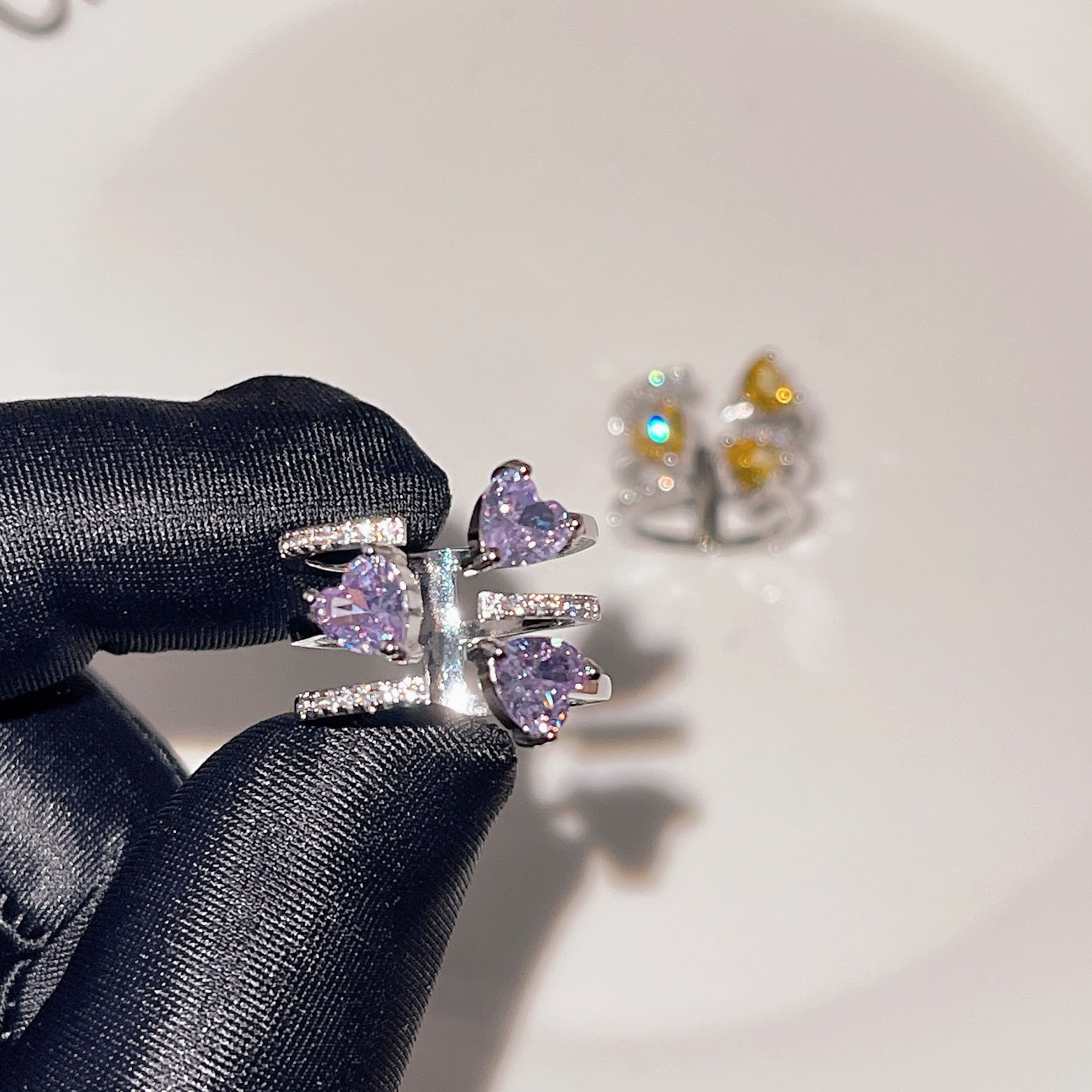 Fashion Heart Shape Copper Rings Inlay Artificial Gemstones Copper Rings