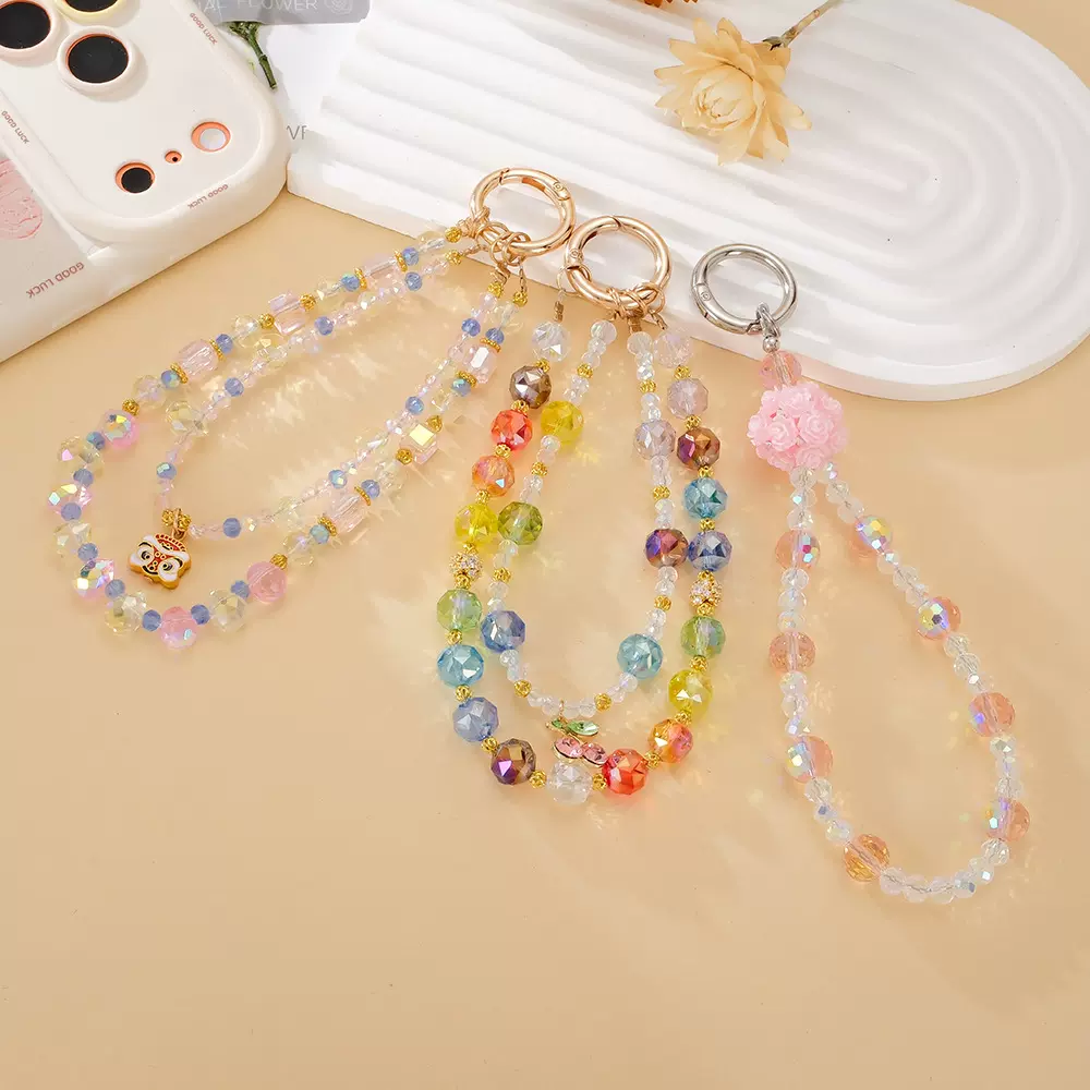 时尚轻奢泪滴串珠短款双链条手机挂饰创意玫瑰花球包包挂件小礼品