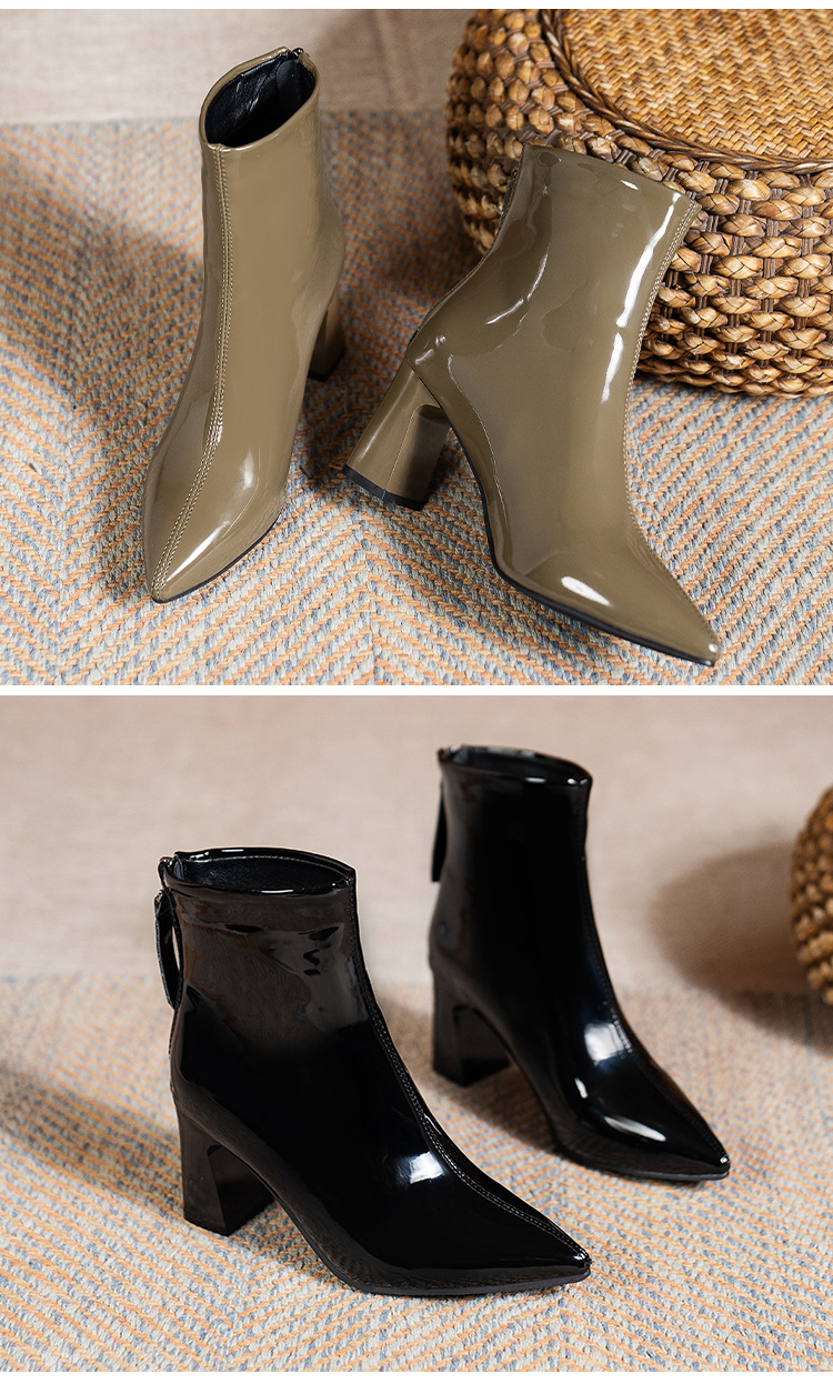 High heeled short for women autumn and winter new British style pointed patent leather thick heel fashion Martin_voghion.com