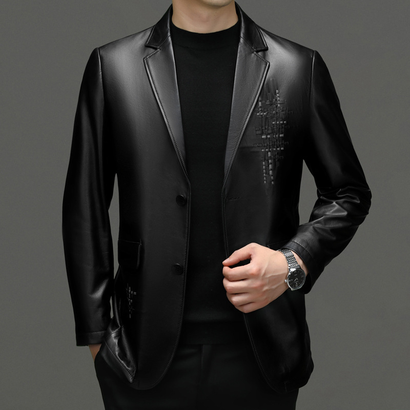 Haining Genuine Leather Jacket Men's Top Layer Cowhide Fashion Casual Middle-aged Suit Collar Spring And Autumn Jacket Men's Tops - 2