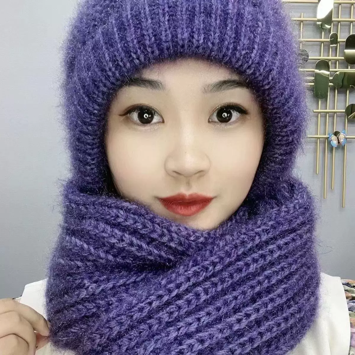加工定制帽子女围巾一体风雪帽秋冬季松鼠绒毛线帽保暖网红帽撞色