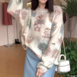 趣味小兔子印花钉珠软糯针织衫女秋冬甜美温柔风宽松减龄毛衣潮