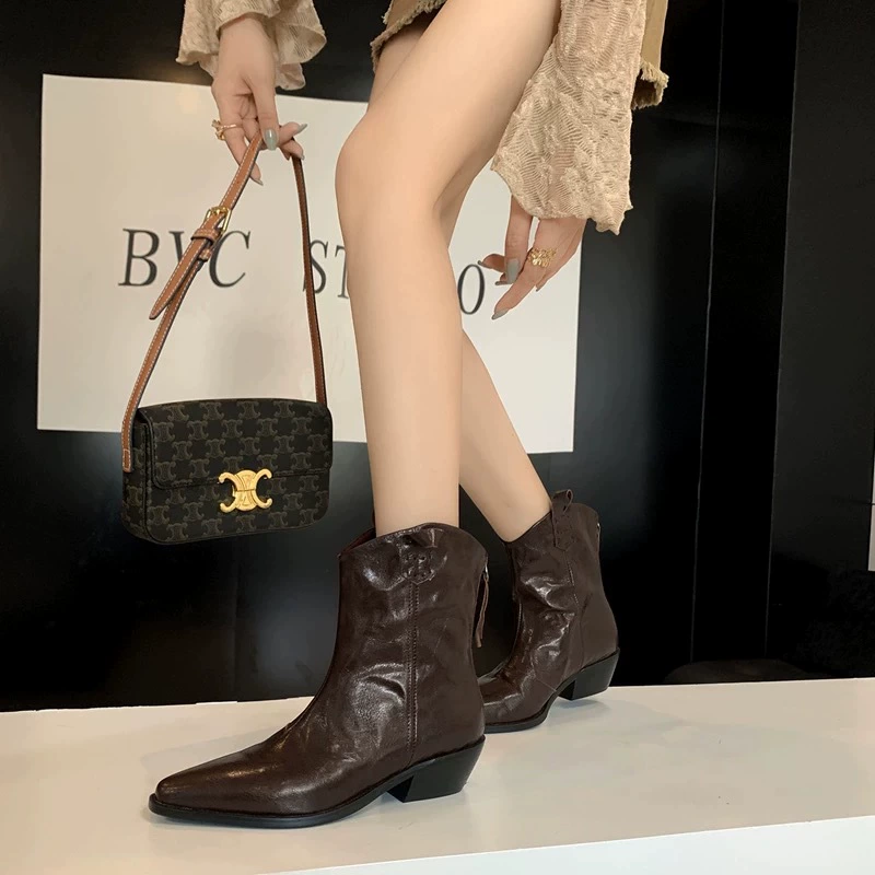 Модные короткие ботинки с маленьким квадратным носком, короткие ботинки в стиле ретро с острым носком и V-образным вырезом на толстом каблуке, плиссированные тонкие ковбойские сапоги в стиле вестерн, женские короткие