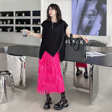 跨境亚马逊压褶流苏半身裙女夏季薄款高腰显瘦时尚洋气弹力包臀裙