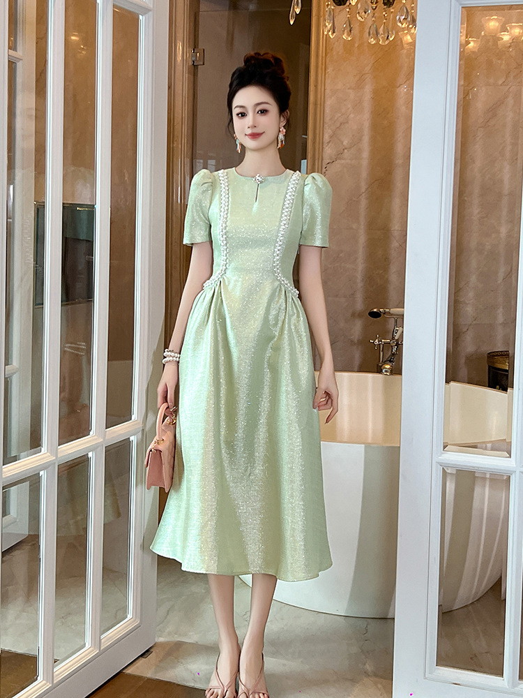 Đầm maxi nữ cổ tròn đính đá thắt eo xòe dáng dài — Xanh bạc hà