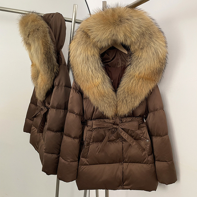 European Goods 2025 New Style Fox Large Fur Collar Classy Thickeneded down Jacket Women's Mid-Length Waist Slimming Look Fur Jacket