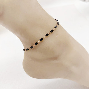 European and American cross-border jewelry fashion niche sand beaded beach foot decoration women's all-match simple black glass long bead anklet