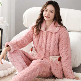 睡衣女冬季冬天珊瑚绒法兰绒夹棉袄三层加厚超厚加绒家居服秋冬款