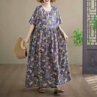 实拍上新  外贸简约时尚长裙夏季新款加肥加大短袖圆领印花连衣裙