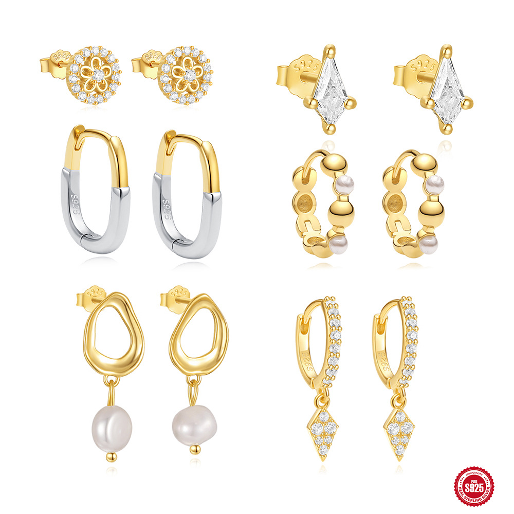 Moda europea y americana s925 plata esterlina espaciada brillante perla básica diaria a juego aretes de oreja de temperamento