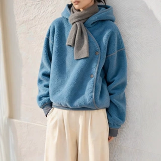 2025新款春冬小个子巨好看小香风雾霾蓝色连帽羊羔毛摇粒绒外套女