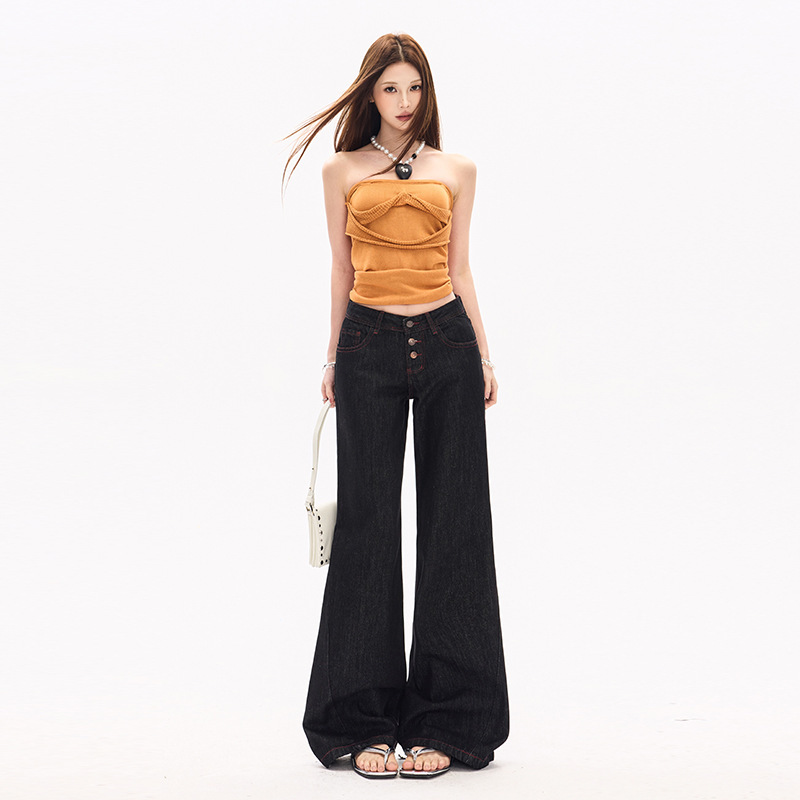 Black Tea-Colored Button-Front Low-Waist Jeans for Women, 2026 Spring New Style, Loose Wide-Leg Slimming Straight-Leg Floor-Length Pants Black Tea-Colored Button-Front Low-Waist Jeans for Women, 2026 Spring New Style, Loose Wide-Leg Slimming Straight-Leg Floor-Length Pants