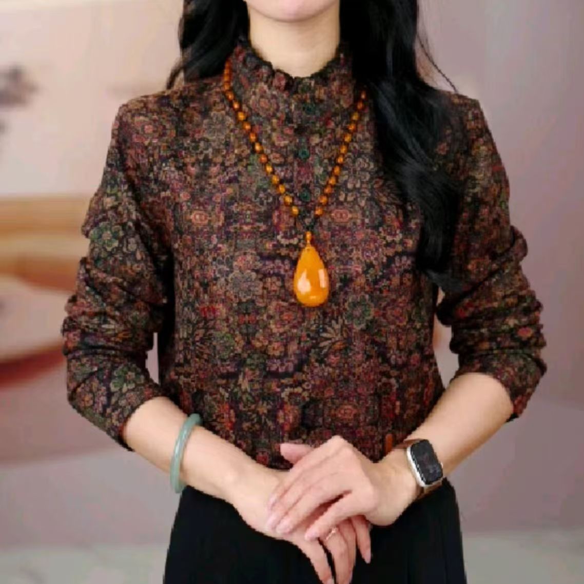 Autumn and Winter New Fashion Floral Print Round Neck Belly-Covering Loose Long-Sleeved Large Size Middle-Aged and Elderly Mother's Bottoming Top