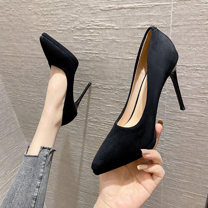 No Returns 8119-5 Black High-Heeled Shoes for Women, Thin Heels, Waterproof Platform, Comfortable, Pointed Toe, French Style, Suitable for Dresses