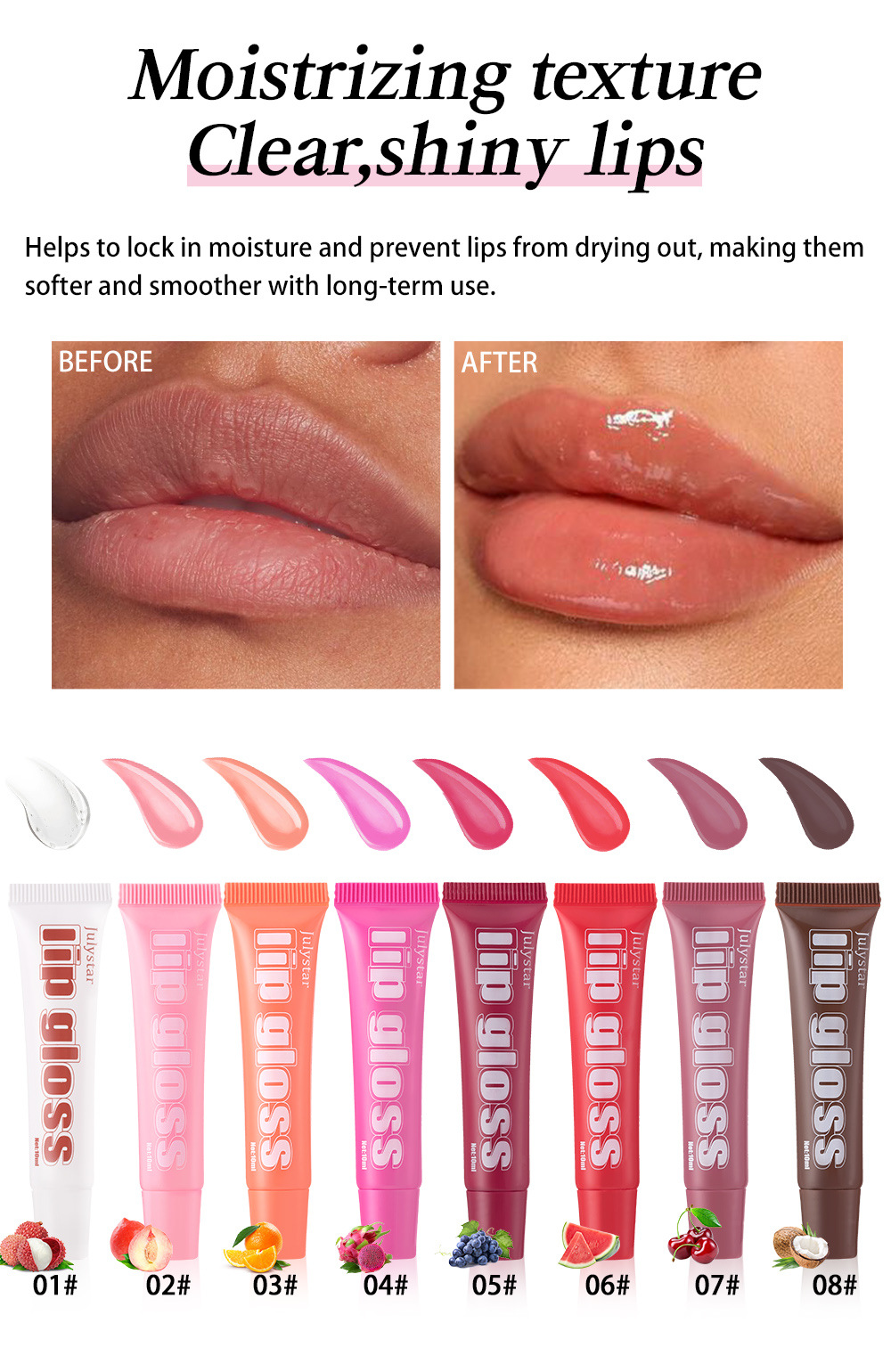 Julystar Fruit-Flavored Long-lasting Moisturizing Lip Gloss, Lustrous and Transparent 8-piece set, Lip Moisturizing Cream, Wholesale Lip makeup undefined