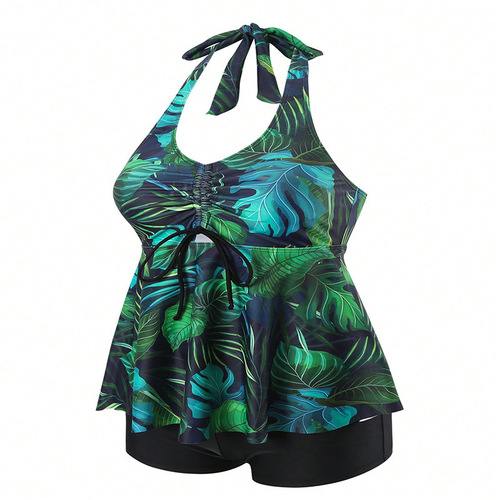 Bikini 2024 Women's Sexy Print Loose European and American Tankini High-Waisted Shorts Swimwear