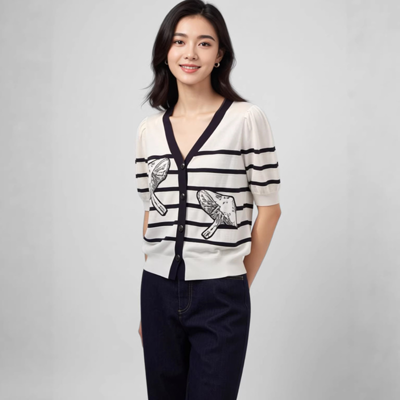 In Stock~【Mushroom Texture】V-Neck Color-Block Striped Knit Cardigan 26 Summer Embroidered Puff Sleeve Short-Sleeve Top