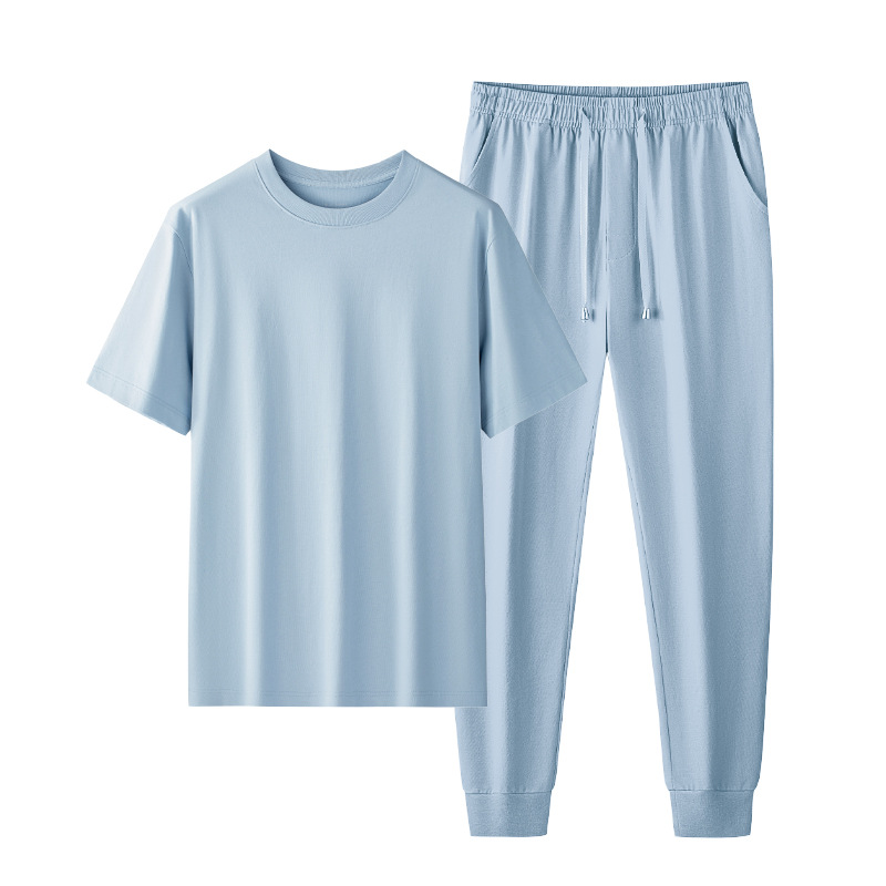 [Algodón suave de agua] Nuevo traje de ropa para el hogar de algodón de primavera y verano para hombres, pijamas deportivos de color sólido informal