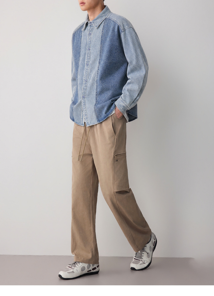 Áo sơ mi denim nam tay dài phong cách cổ điển sọc nối — Cao bồi xanh chi tiết 15
