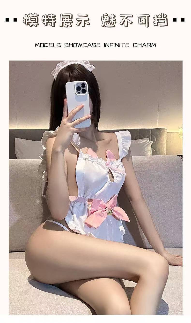 Maid Roleplay Costume Dress with Hollow Backless Lace Bow and Panty — detail image 7