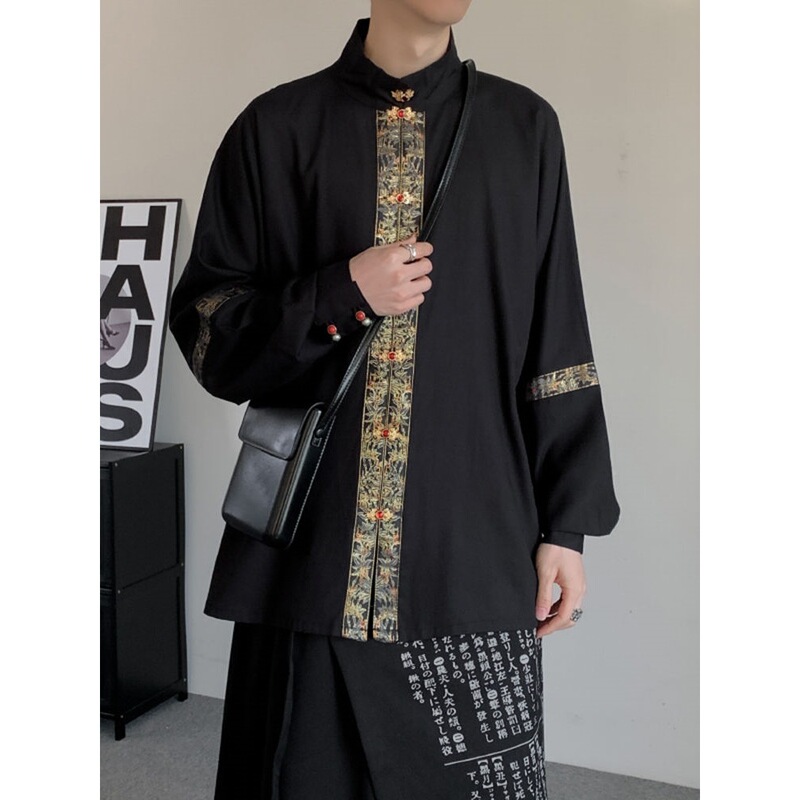 New Chinese Style Ming Dynasty Hanfu Men's Tencel National Style Stand-Up Collar Double-Breasted Palace Shirt Tang Dynasty Song Dynasty Ethnic Clothing Shirt