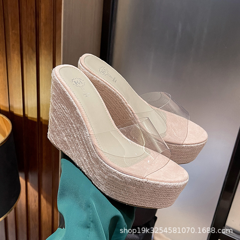 2025 sandalias y pantuflas de tacón de cuña para mujer, bizcocho de verano, cuerda de cáñamo, suela gruesa, zapatos de boca de pez transparente, plataforma impermeable, tacones altos