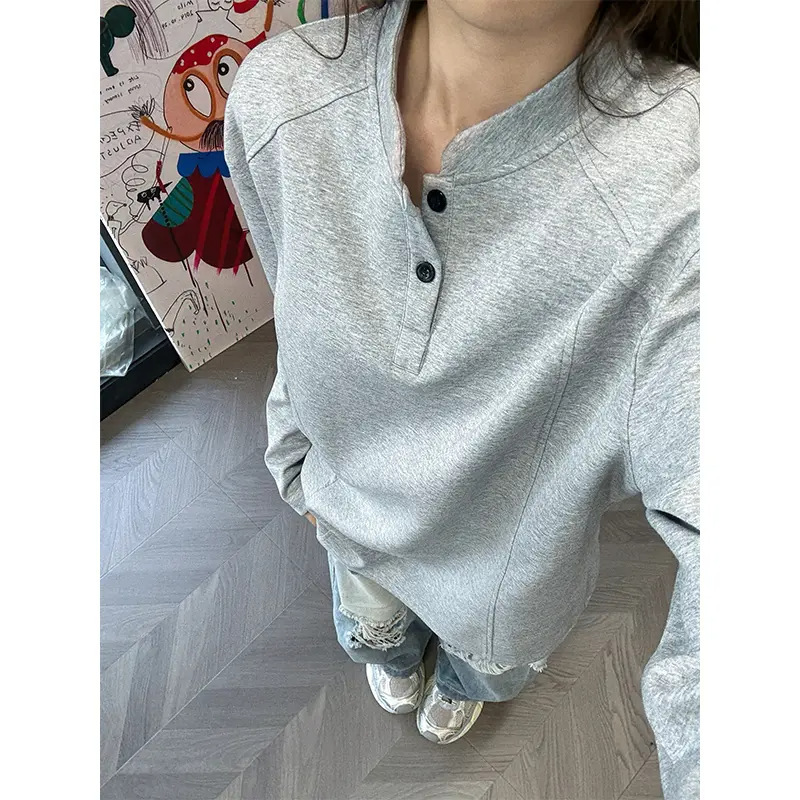 White Gray American Heavyweight Right Shoulder Sweatshirt for Women Autum Cleanfit Henley Collar Long-Sleeved T-Shirt Boxy Bottoming Shirt