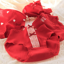 喜庆大红色内裤女纯棉裆里本命年牛年结婚女士甜美蕾丝红短裤C011