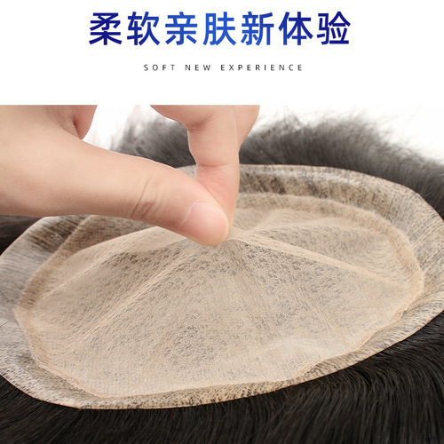 Wig men's short hair machine-tied blank, full real hair men's stickable cocoa, light and optional slit top wig piece
