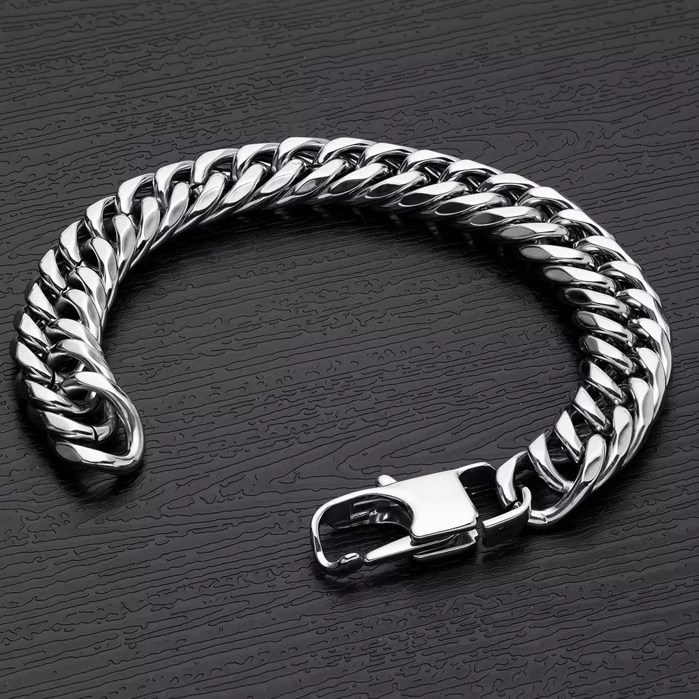 欧美双层六面磨钛钢手链潮牌嘻哈小众霸气男士双织六面日字扣手饰