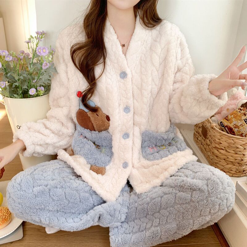 Cartoon Dachshund Coral Fleece Pajamas for Women 2025 New Autumn and Winter Flannel Thickened Loose Loungewear