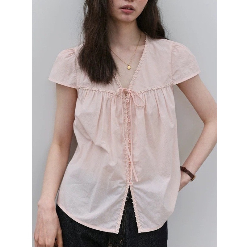 "Mustard Pie Vooe" Pink V-Neck Lace Pleated Shirt for Women, New Summer Style, Sweet Cotton Top with Ties