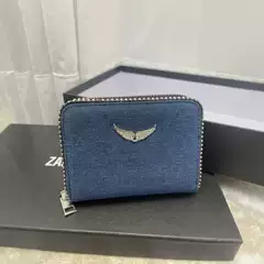 Black ZV Wings Rhinestone Women's Bag PU Metal Chain Wallet Card Holder Denim