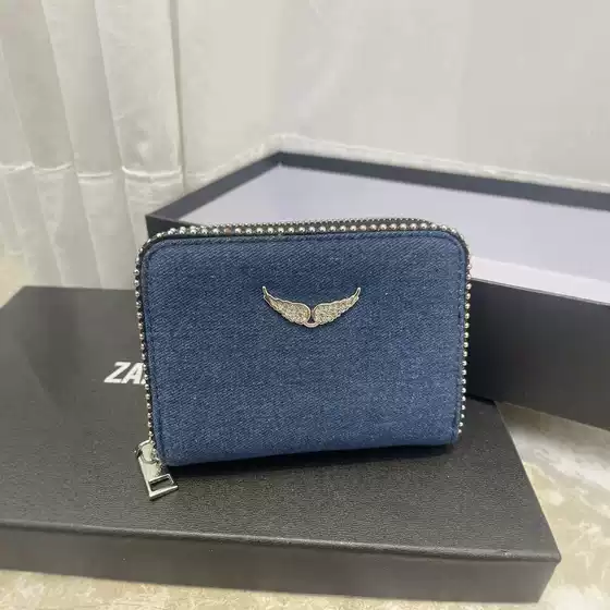 Black ZV Wings Rhinestone Women's Bag PU Metal Chain Wallet Card Holder Denim