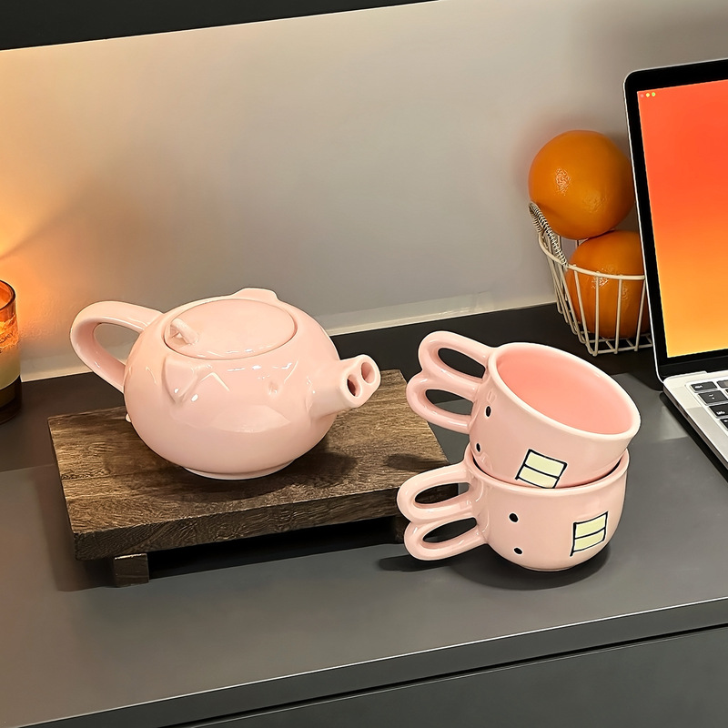Creative Cute Pig Nose Water Set Household Ceramic Teapot Drinking Cup Tea Set Funny Gift for Best Friend